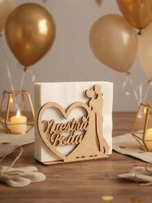 Servilletero de Madera "Nuestra Boda", Decoración de Mesa para Fiesta, Centro de Mesa Rústico, Porta Servilletas con Diseño de Corazón y Novios, Adorno Nupcial Elegante - Café integral - Ver 1