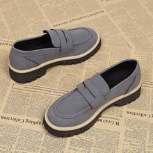 Women's Slip-On Platform Loafers - Round Toe Low-Top Gray/Black, Suitable For All Seasons (Sole) - Casual And Formal Versatile, Pairs Well With Pants, Dresses, Office Wear - Easy Care Fabric Shoes - Grey - View 5