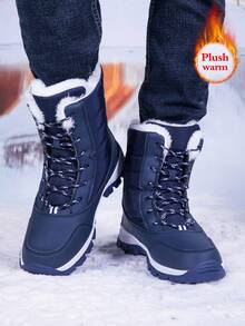 Men's Casual Snow Boots, Hiking Shoes, Outdoor Shoes, Warm Anti-Slip Wind-Resistant High-Top Lace-Up Boots With Fluffy Lining, Suitable For Outdoor Walking, Running, Hiking, Autumn/Winter Season - Blue - View 4