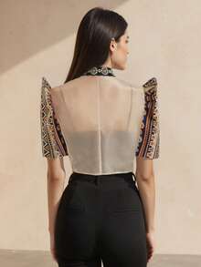 一件现代菲律宾风格女式衬衫，半透明拼接立领设计，优雅泡泡袖上衣，纽扣衬衫，春夏款，蝴蝶袖菲律宾风格，女士菲律宾短款上衣，金色上衣 - 金色 - 查看 2