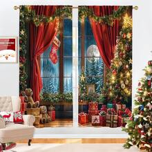 2PCS Christmas-Themed Brushed Fabric Digital Print Curtains, Luxurious Warm And Playful Style Design With Red Curtains, Moonlit Snowy Forest Window, Christmas Tree, Teddy Bears And Gift Piles, Rod Pocket Installation, Semi-Transparent Polyester Fiber Material, Suitable For Living Room, Kitchen, Bedroom, Dining Room, Filling Your Home With Festive Atmosphere - Multicolor - View 8