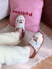 XIXITIAO 1双可爱波点小狗卡通趣味毛绒家居拖鞋，时尚舒适铃铛小狗波点图案平底鞋，男女通用保暖套脚拖鞋 - 棕色 - 查看 6