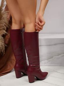 FVPFVP 灵感源自漆皮的方头高筒靴，修身粗跟女式骑马靴，秋冬季，酒红色鞋跟，牛仔靴 - 酒紅色 - 查看 6