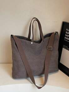 Large Capacity Green Canvas Tote Bag, Minimalist Japanese Style, Suitable For Commuting, Shoulder Strap, Casual, Versatile, Fits Daily Use, Office, School, Shopping, Suitable For Women, College Students, Young Professionals - Coffee Brown - View 4