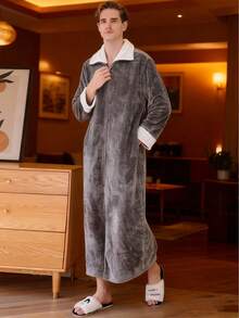 1pc Women And Men's Long Zip Up Robe Fleece Bathrobe Long Zipper Lounger Warm Housecoat Long Sleeve Nightgown With Pockets, Comfortable Flannel, A Must-Have For Halloween And Christmas, Nightgown, Warm And Cold-Proof,Flannel Warm Design, A Must-Have Warm Suit For Autumn And Winter - 彩色 - 查看 3