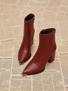 2025 Nouvelles Bottines à Talon Épais Pointues Haut de Gamme pour Femmes, Bottines Chics Slim à la Française, Talons Rouges - Rouge - Voir 5