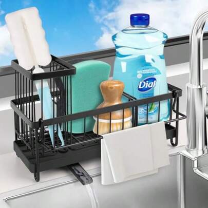 Sponge Holder For Kitchen Sink Sink Caddy With High Brush Holder Stainless Steel Dish Organizer Divider Soap Dispenser Storage Black