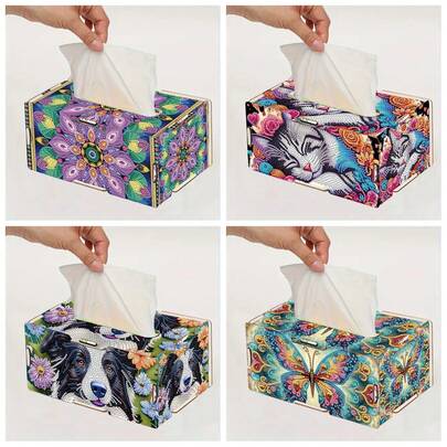 1pc DIY Diamond Painting Tissue Box Set, Butterfly, Puppy, Kitten, Floral Patterns, Crystal Diamond Art Wooden Holder Storage Box, Suitable For Home, Office, Dining Room Decor, Great Gift For Birthday, Wedding, Mother's Day, Christmas, Valentine's Day, New Year Party