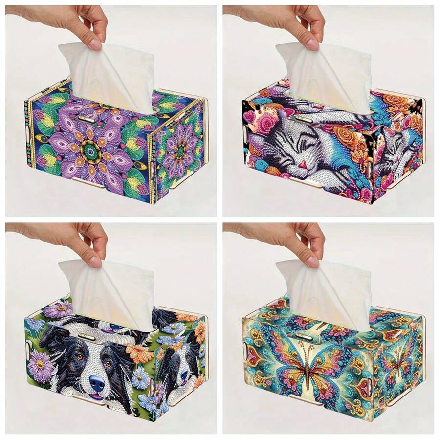 1件套DIY钻石画纸巾盒套装，蝴蝶、小狗、小猫、花卉图案，水晶钻石艺术木质收纳盒，适合家居、办公室、餐厅装饰，是生日、婚礼、母亲节、圣诞节、情人节、新年派对的绝佳礼物
