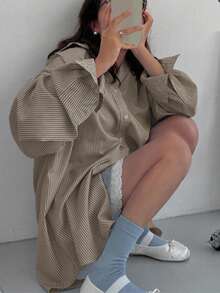 Plus Size Women's Striped Button-Up Shirt, Long Dropped Shoulder Sleeve, Woven Fabric - Apricot - View 4