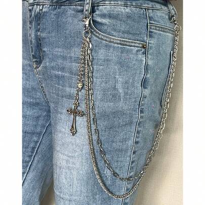 1pc Men's & Women's Heavy-Duty Metal Pants Chain - Punk Hip-Hop Street Style With Interlocking Links & Cross Pendant - Gothic Belt Loop Accessory For Jeans - Everyday & Party Outfits - Durable Statement Chain For Men And Women - Year-Round Wear - Compatible With Belts & Chains - Edgy Layered Look - Bold Statement Piece For Casual & Formal Events