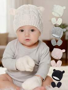 1 Set de Gorro y Guantes de Bebé Suaves y Cálidos con Diseño de Animales, Combo Unisex de Gorro y Guantes de unicolor Prácticos y Gruesos para Temporadas Frías
