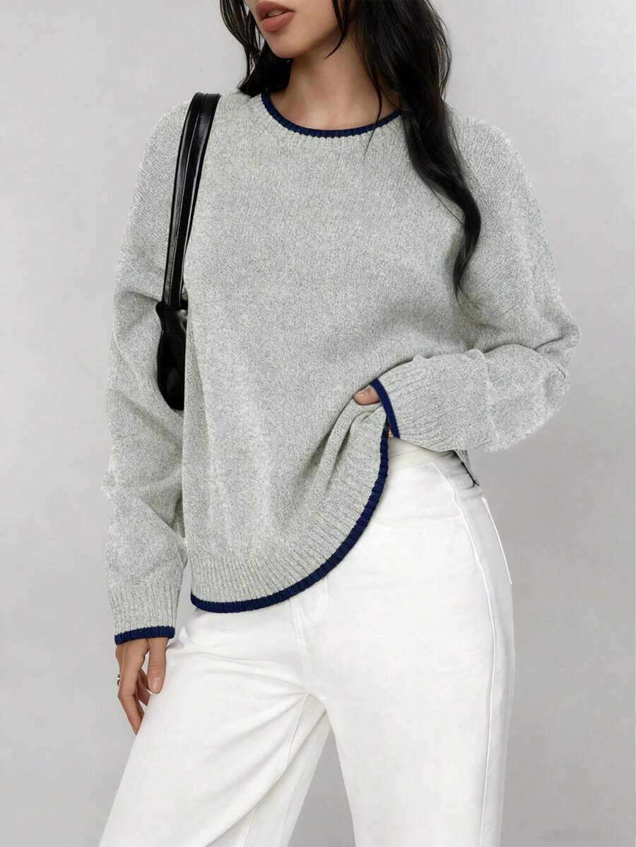 FOR BEAUTY Women's Spring Colorblock Crew Neck Gray Long Sleeve Knit ...
