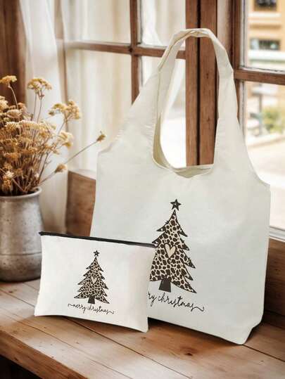 Bolso de hombro de lona estampada talla grande bolsa pequeña blanca, con estampado de Feliz Navidad y árbol de Navidad, bolso de almacenamiento casual, bolsa de almacenamiento simple para viajes, bolsa de cosméticos de gran capacidad para viajes, bolsa de viaje, con un diseño nuevo y gran capacidad, lo que lo convierte en una opción ideal para ir de compras, adecuado para ir al trabajo, ir de compras, ir a la escuela, viajar y uso diario