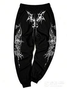 Y2K Gothic Sweatpants Fashion Vintage Graphics Printing Sweatpants American Street Style Casual Jogger Pants With Pocket - 黑色 - 查看 2