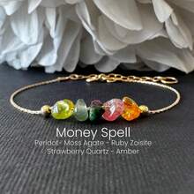 Wealth-Attracting Charms: Original Crystal Bracelet With Peridot, Moss Agate, Ruby, Zoisite, Strawberry Quartz, And Amber. Wealth-Manifesting Jewelry. - Necklace + Bracelet/Gold - View 2