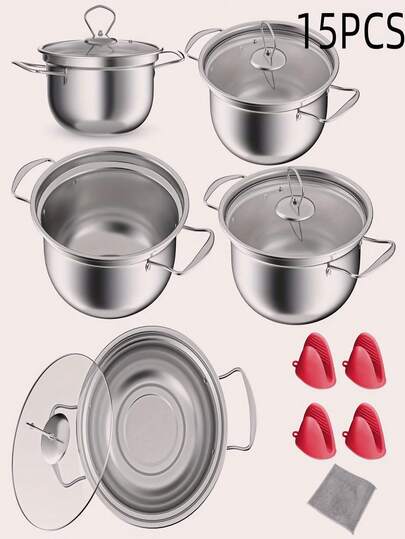 15 Piece Stainless Steel Kitchen Cookware Set For Induction Stoves And Kitchen Utensils With Lids, 5 Soup Pots And 5 Lids, Four Anti-Scald Ear Clips And Wipes Multifunctional Soup Pots For Healthy Cooking Soups, Pasta. Seafood, Dishwasher , Home And Restaurant Use Local Warehouse Preferred Gift For Family And Friends!