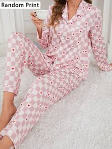 2 件套女士随机格子和心形印花时尚舒适翻领开衫长袖裤睡衣套装，春秋轻便 - 粉色 - 查看 1