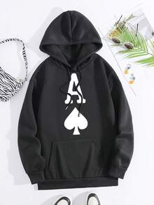 Womens Plus Size Graphic Hoodies Sweatshirts Black White Options, Ace Of Spades Symbol Print Fall Fashion Oversized Long Sleeve Pocket Pullover Sweaters Winter Clothes,Suitable For Parties, Outdoor Activities, And Leisure, Gift For Women - màu đen - Xem 2