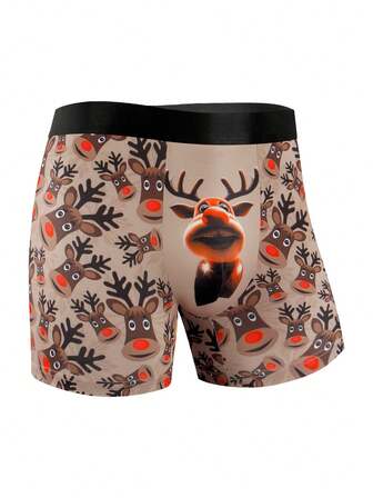 1 Pc Christmas Cartoon Print Men's Long Style Flat Cornered Underwear, Loose And Casual, Suitable For Wearing During Holidays, Men's Comfortable Slim Fit Shaping Underwear, Fitness Boxing, Lightweight, Suitable For All Seasons, Men's Novel Underwear