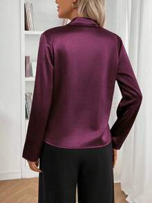 1 pieza Blusa de manga larga con cruce en satén de unicolor, adecuada para uso diario, citas, vacaciones, fiestas, viajes, primavera/otoño