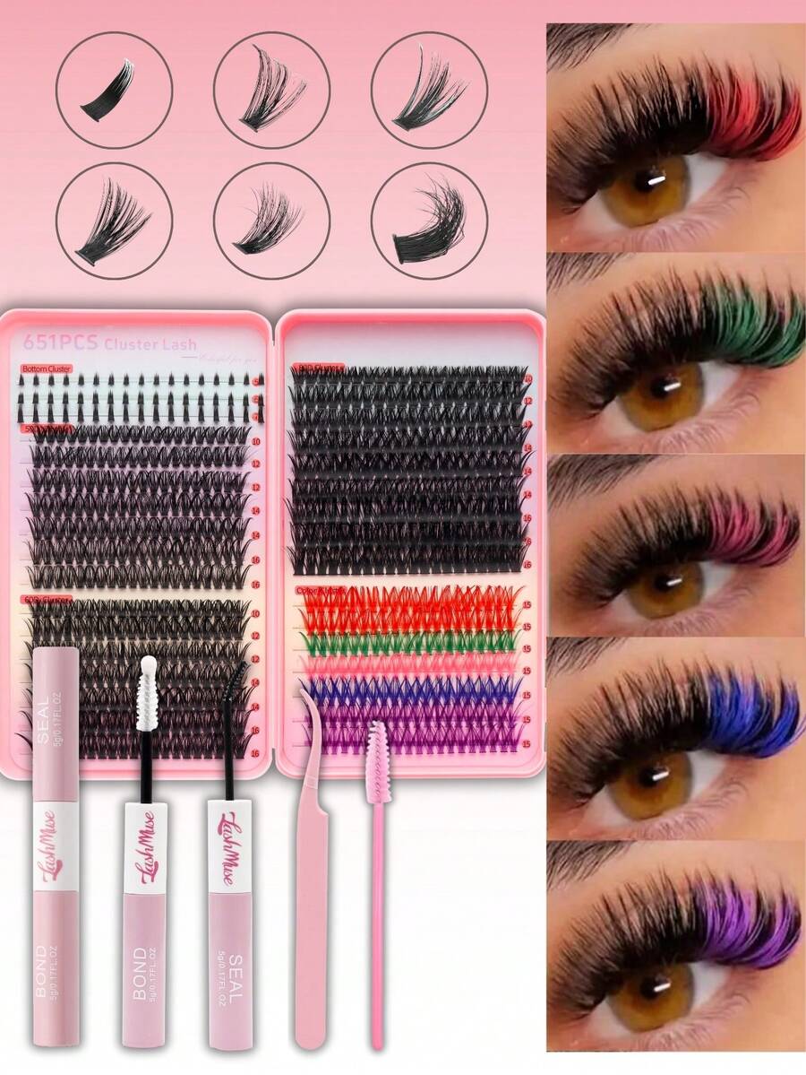 Colored Lash Clusters 651Pcs 6 Colored Mixed Eyelashes Extension Cluster Segments, Natural Wispy Individual Eye Lash, DIY At Home Lash Clusters, Includes Lash Glue, Tweezers & Lash Brush, Perfect For Daily, Party, Halloween, Christmas Makeup, Eye Lash Clusters, Individual Eyelashes, Lashes, Fake Lashes, Beauty & Health, Personal Care. - 彩色 - 查看 1