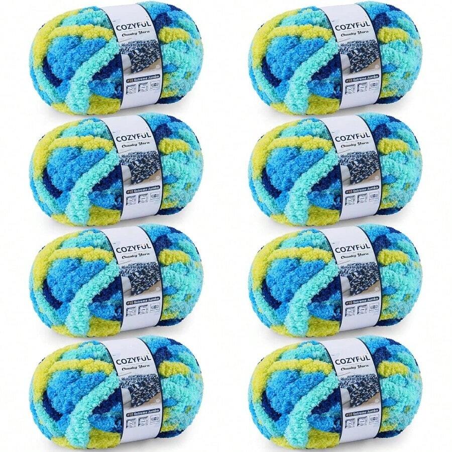 Chunky Yarn Hand Knitting - #10 Chunky Chenille Blanket Yarn, Jumbo Big Thick Chunky Yarns Crocheting, Tie Dye Bulky Knit Yarns, 8 Skein 25 Yds 8 Oz Each Skein SageKhaki - 8 件裝 + 多色藍色和黃色 - 查看 1