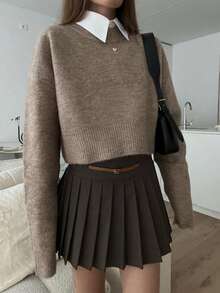 Suéter corto de mujer Dila Polly de unicolor, versátil y casual, para otoño/invierno - Caqui - Ver 2