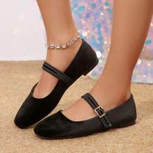 Giày Mary Jane đế bằng da lộn Pháp mũi vuông cổ thấp dành cho nữ, phong cách mới, phù hợp với váy, giày ba lê - màu đen - Xem 2