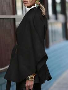 Women's Winter Solid Color Fabric Tie Waist Belt Bowknot Elegant Dating Formal Dinner Winter Shawl Winter Cape Winter Coat New Year Coat - Black - View 8