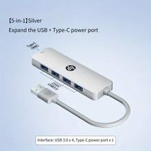 HP USB Hub, Plug And Play USB Expansion, Multi-Port With Power Delivery, Type-C Docking Station, Splitter, Adapter, Converter, Multi-Functional Interface, Compatible With Multiple Devices - Silver - View 1