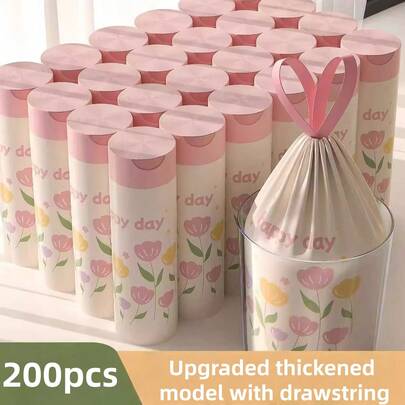 200 piezas/100 piezas Bolsas de basura con cordón a prueba de desgarros para baño, oficina, hogar, dormitorio con estampado floral rosa para cestas de basura