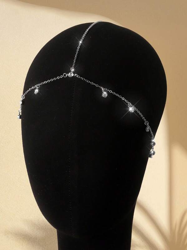 1 pezzo Elegante catena per capelli in stile bohémien argento, catena in lega con pendente decorato con strass, adatta per gioielli da donna per vacanze, feste e uso quotidiano