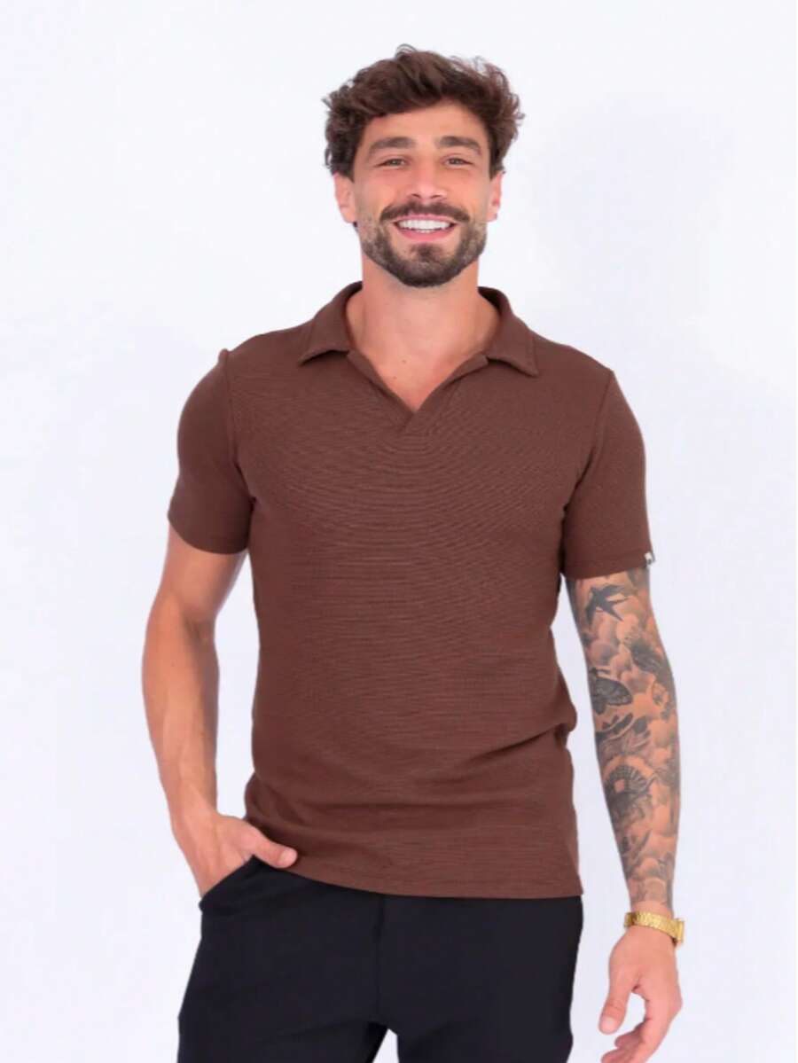 Men's Polo Shirt, Textured Knit, New Release, Buttonless, Regular Fit, Button - Rỉ Nâu - Xem 1