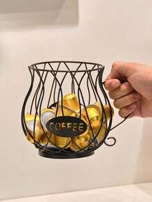 1PC Metal Coffee Pod Holder, Cup-Shaped Design With Black & Gold Color Options, Sturdy Iron Construction, "COFFEE" Label Accent, Perfect For Coffee Station, Kitchen Counter, Home & Cafe Use - Ideal For Organizing Coffee Capsules, Daily Brewing Essentials