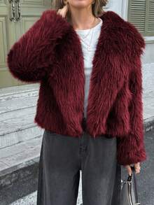 女款冬季服飾，人造毛皮大衣，純色長袖休閒羽絨外套與棕色毛皮大衣 - 適合聖誕節、派對和日常穿著 - 酒紅色 - 查看 1