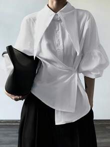 女士优雅尖领长袖衬衫，纯色梭织面料，前襟纽扣开合，适合办公室、日常穿着、机场出行，春夏白色 - 白色 - 查看 2