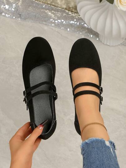 Sapatilhas femininas de bico redondo com fivela, estilo bailarina, confortáveis, modelo Mary Jane, cor preta.