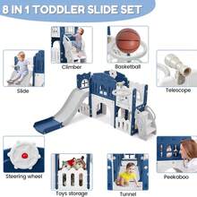 PtioHavn Centro de actividades multifuncional 8 en 1 para niños, con tobogán y estructura para trepar, diseñado para niños de 1 a 3 años. Apto para uso en interiores y exteriores. - Azul - Ver 3