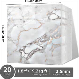 20pcs=1.8m² Peel And Stick Backsplash Tile,Self Adhesive Marble Tile For Wall, PVC Waterproof Shower Wall Panels, Back Splash Stick On Tiles For Kitchen Bathroom Living Room, Wallpaper Peel And Stick Not Real Tile Wall Sticker