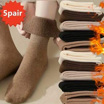 5 par vinterstrumpor för kvinnor, varma vinterstrumpor, supertjocka ullstrumpor, frottéstrumpor för kvinnor, mellanhöga tubstrumpor, höst och vinter, plus sammet, storlekar 36-45 finns tillgängliga