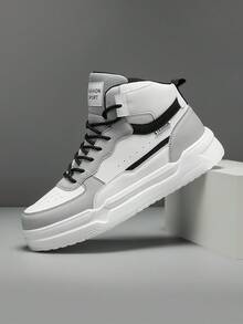 Tênis Casuais de Skate Planos de Cano Alto Cinza e Branco para Homens, Tênis Esportivos Versáteis, Confortáveis e Simples com Cadarço, Ideal para Combinar com Denim Esportivos - Cinza branca - Visão 6