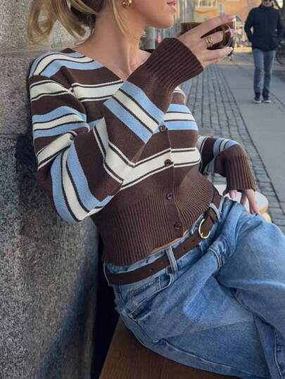 1 Stück Damen Gestreifter Langarm Cardigan, figurbetont & vielseitig Strickpullover, Herbst/Winter