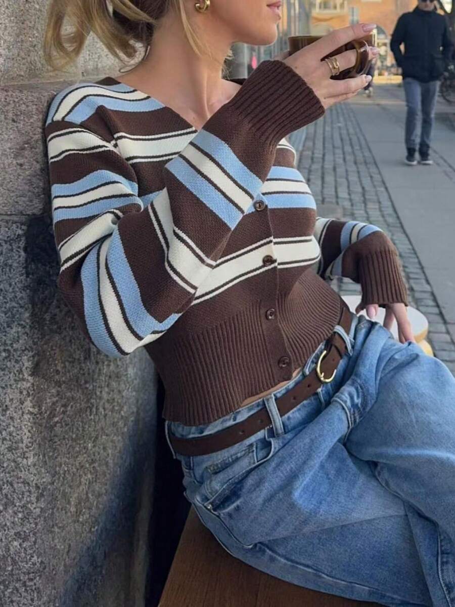 1 Stück Damen Gestreifter Langarm Cardigan, figurbetont & vielseitig Strickpullover, Herbst/Winter