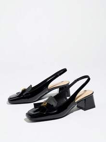 2025新款优雅高跟鞋，多功能亮面皮革材质，粗跟，无后跟套穿凉鞋，穿着舒适，女士高跟鞋 - 黑色 - 查看 6