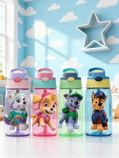  1pc Paw Patrol Water Bottle, With Silicone Straw, 16oz, Leak-Proof Cap, 4 Color Options, Great For Back To School, Party, Travel, School Or Birthday Gift