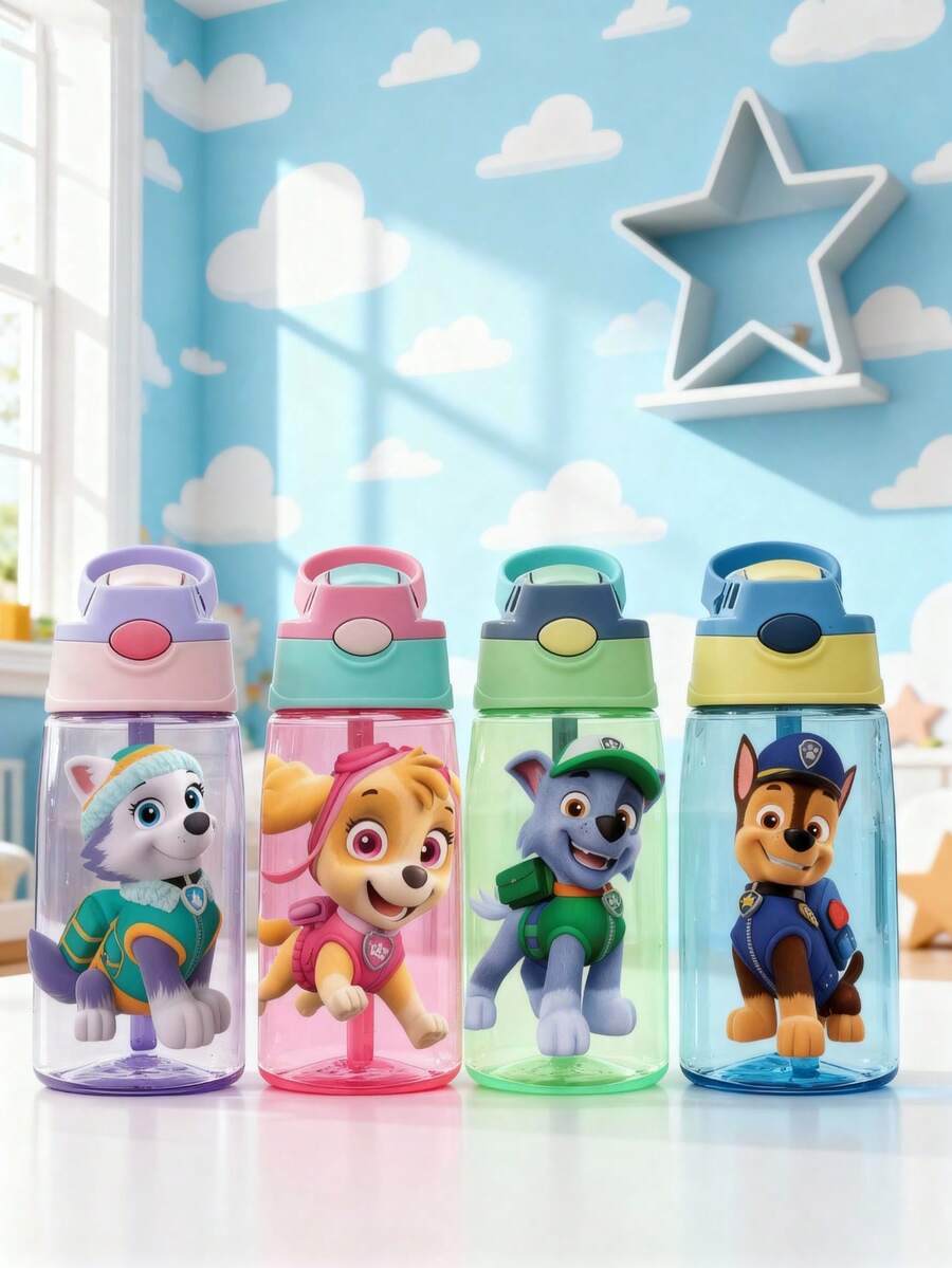 1pc Paw Patrol Water Bottle, With Silicone Straw, 16oz, Leak-Proof Cap, 4 Color Options, Great For Back To School, Party, Travel, School Or Birthday Gift