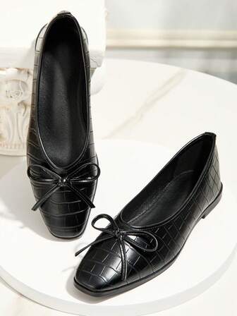 Svarta rutiga slip-on-skor för kvinnor, söt rosettdekor, mångsidiga bekväma loafers, andningsbara fritidsskor för alla årstider