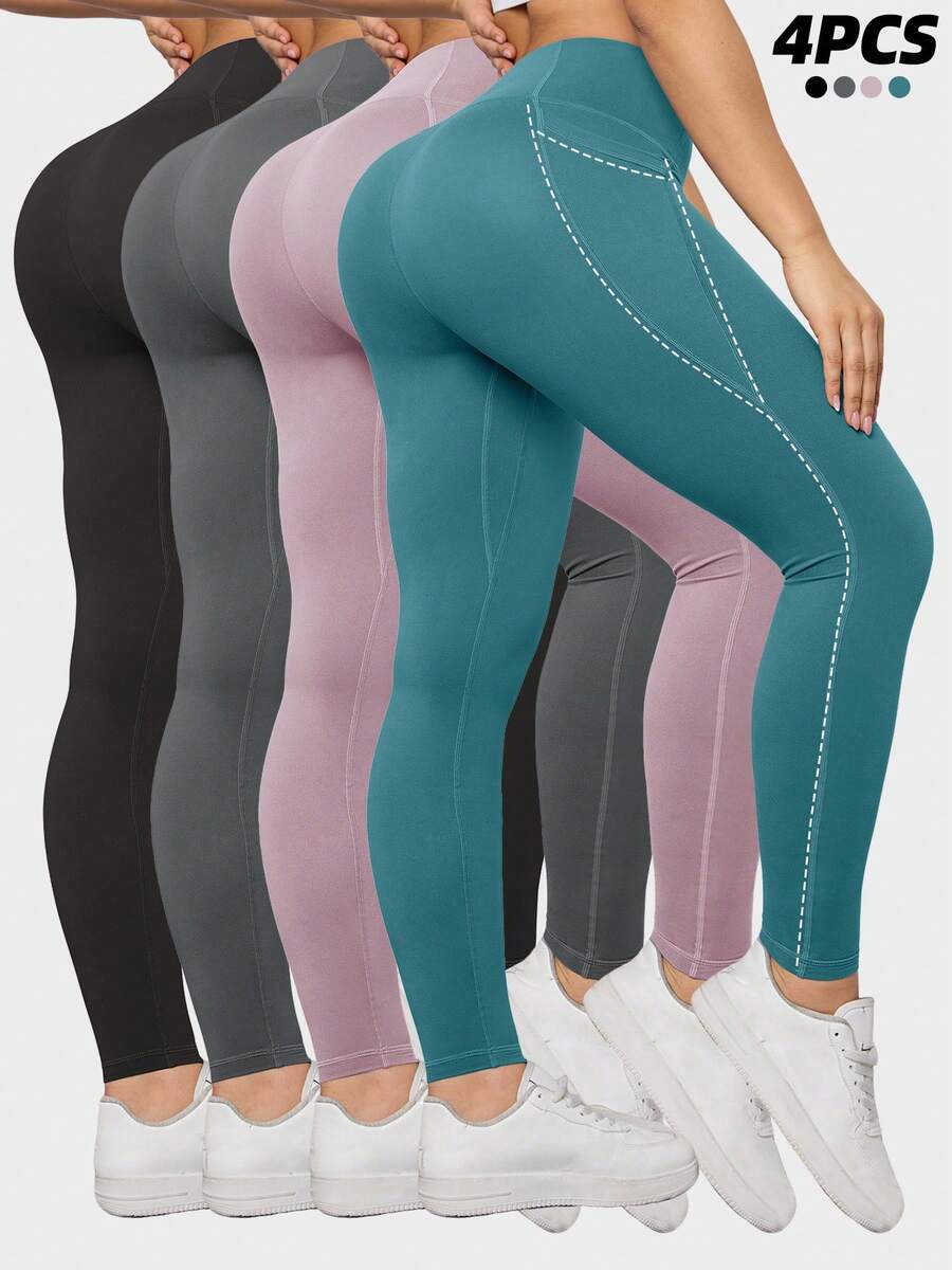 Women 4PCS Sports Leggings Push Up Casual High-Waist Solid Color Tights Pockets Yoga Fitness Leggings Sports Yoga Daily Basic Sports Leggings - Nhiều màu 3 - Xem 1