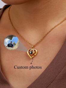 Customized Photo Projection Zirconia Heart Pendant Necklace, Personalized Jewelry Memorial Gift - Rose Gold - View 5
